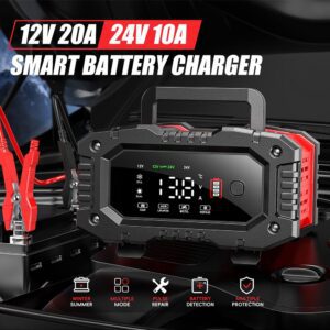Зарядное устройство Foxsur с выходами 12V 20A и 24V 10A для умной зарядки аккумуляторов с цифровым дисплеем.